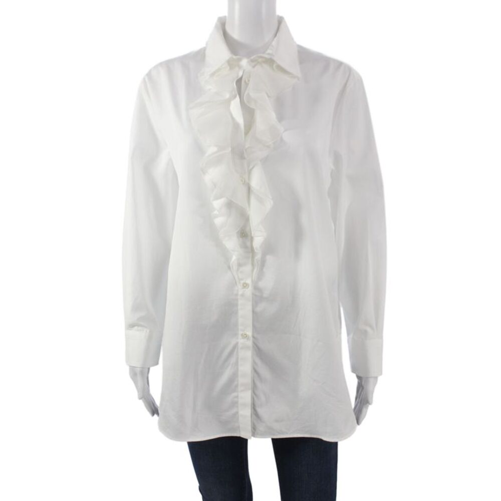 Ralph Lauren Purple Label Women White Button Up Silk Blouse Long Sleeve Size 12